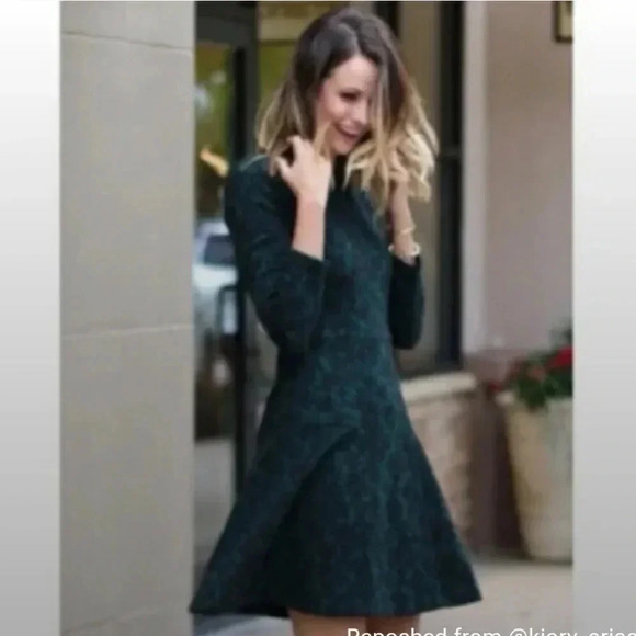 Loft Ann Taylor A-Line Floral Green Black Emerald Dress Long Sleeve Stretch Sz 4 - Picture 6 of 12